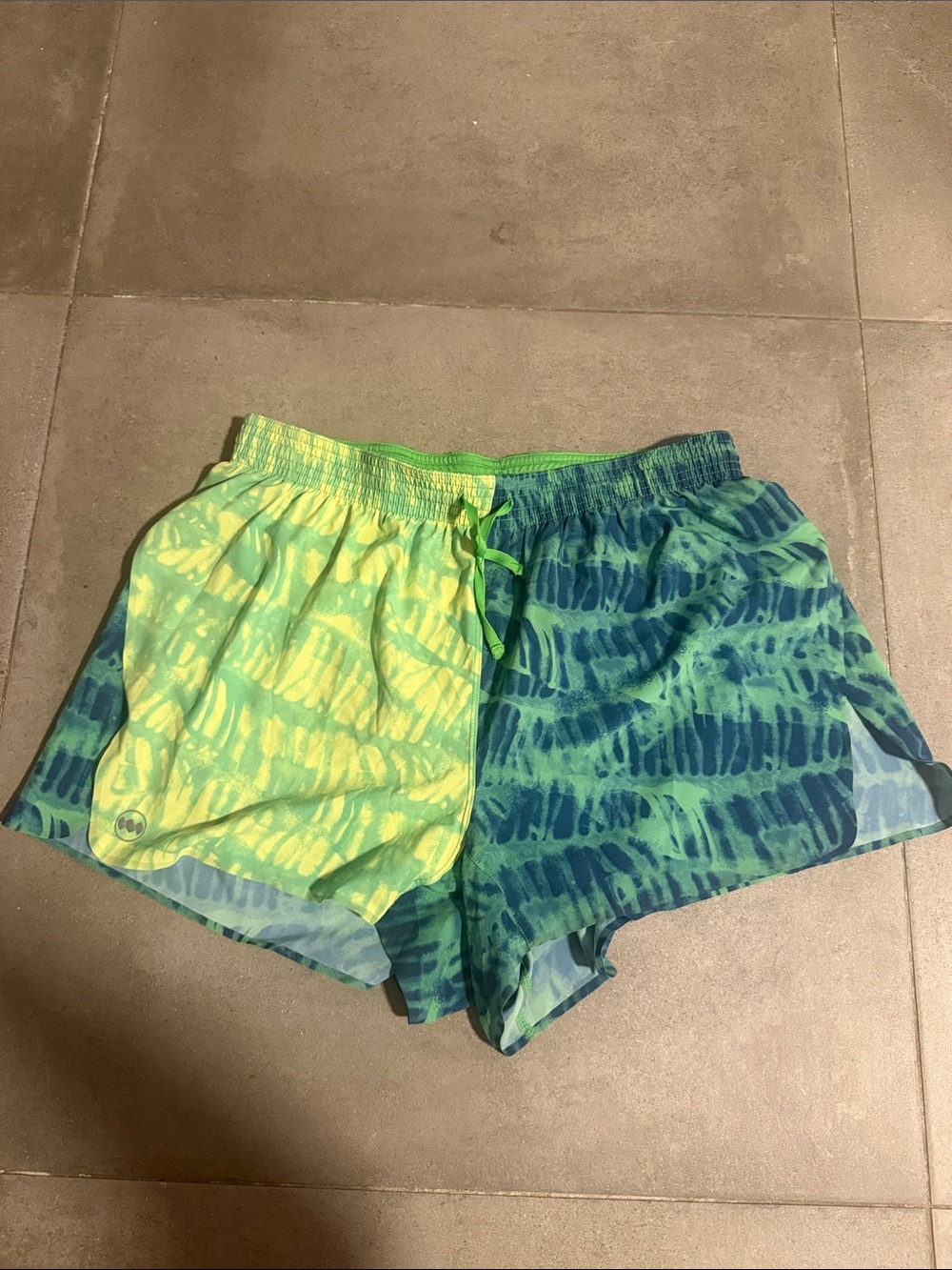 Janji Men's Split Neon Lime & Teal Tie-Dye Running Shorts